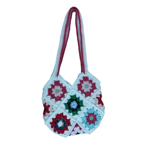 geanta-umar-crosetata Geanta de umar, crosetata, crem multicolor